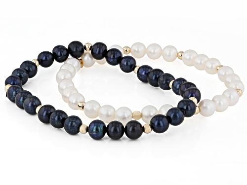 5mm White & Black Cultured Freshwater Pearl 14k Yellow Gold Stretch Bracelets Set of 2