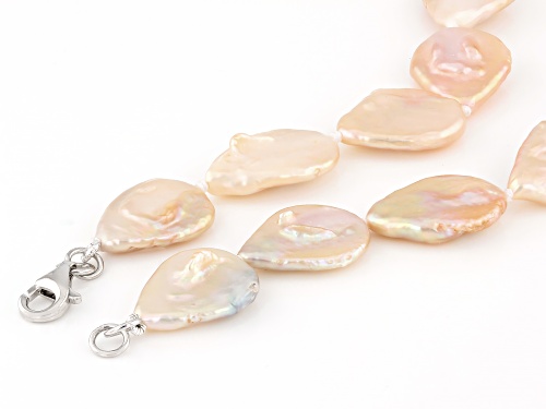 13-15mm Peach Cultured Freshwater Pearl Rhodium Over Sterling Silver 20 Inch Strand Necklace - Size 20