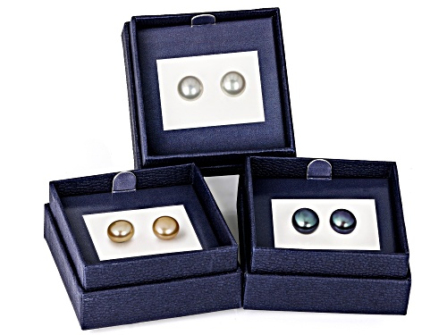 8mm Multi-Color Cultured Freshwater Pearl Stainless Steel Earring Set of 3