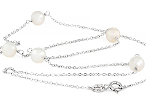 7mm White Cultured Freshwater Pearl Sterling Silver 18 Inch Station Necklace - Size 18