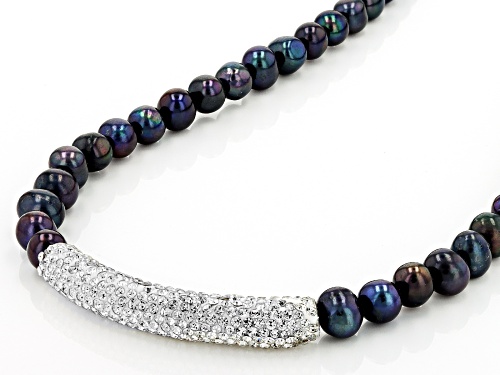 7-8mm Black Cultured Freshwater Pearl & White Crystal Sterling Silver 18 Inch Necklace - Size 18