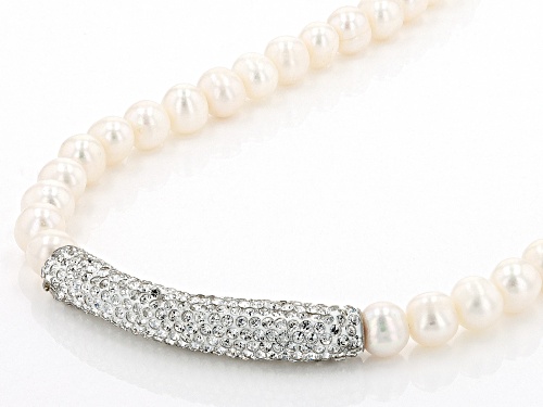 7-8mm White Cultured Freshwater Pearl & White Crystal Sterling Silver 18 Inch Necklace - Size 18