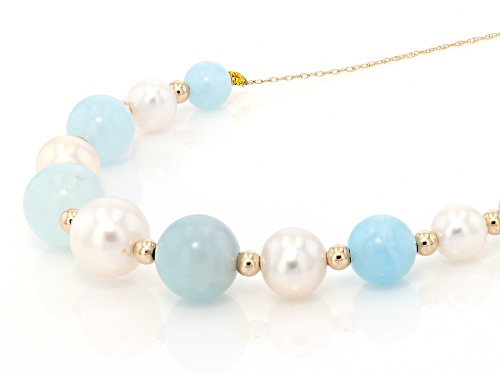 6-10.5mm White Cultured Freshwater Pearl With Aquamarine 14k Yellow Gold 18 Inch Necklace - Size 18