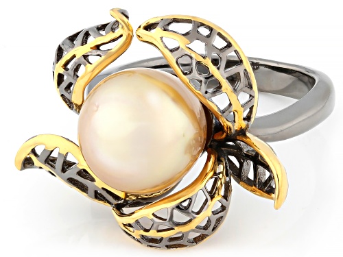 10mm Golden Cultured South Sea Pearl Rhodium & 18k Gold Over Sterling Silver Ring - Size 9