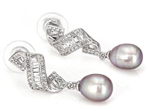 Purple Cultured Freshwater Pearl With White Topaz Rhodium Over Sterling Silver Earrings