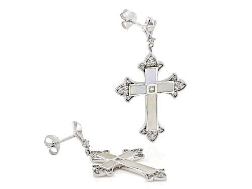 White Mother-of-Pearl With 0.85ctw Zircon Rhodium Over Sterling Silver Earrings