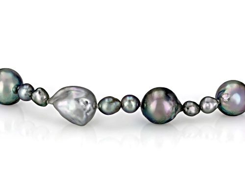 6.-9.5mm and  3-4.5mm Platinum Cultured Japanese Akoya Pearl Sterling Silver Strand Necklace - Size 20