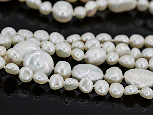 5-30mm White Cultured Freshwater Pearl Rhodium Over Sterling Silver 20 Inch Multi-Strand Necklace - Size 20