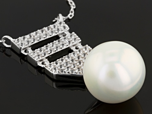 12mm White Cultured Freshwater Pearl With 0.448ctw White Zircon Rhodium Over Silver 18 Inch Necklace - Size 18