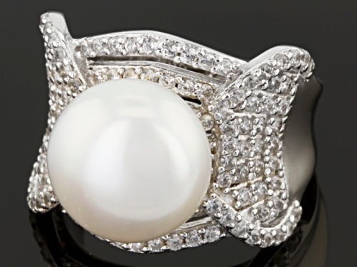 12mm White Cultured Freshwater Pearl With 0.96ctw White Zircon Rhodium Over Silver Ring - Size 12