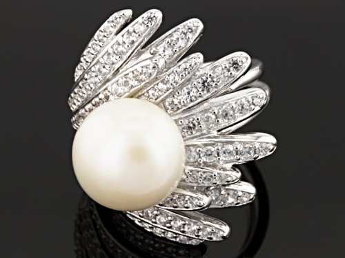 12.5mm White Cultured Freshwater Pearl With 1.67ctw White Zircon Rhodium Over Silver Ring - Size 12