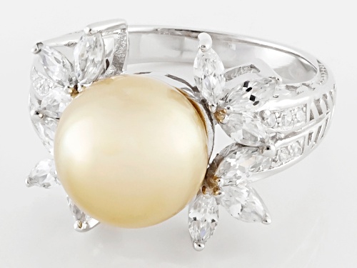 10mm Golden Cultured South Sea Pearl With 1.7ctw Bella Luce® Rhodium Over Silver Ring - Size 12