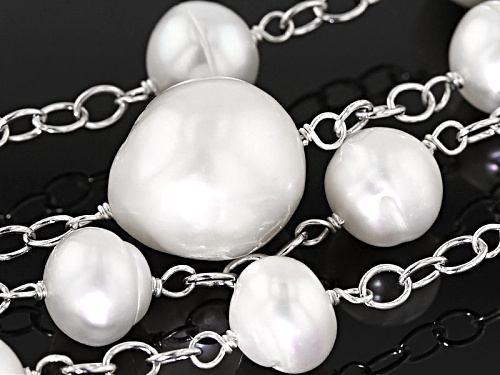 9-13mm White Cultured Freshwater Pearl Rhodium Over Sterling Silver 60 Inch Lariat Necklace - Size 60