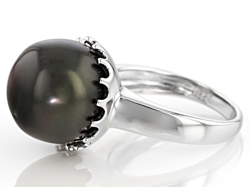 14-15mm Round Cultured Tahitian Pearl Rhodium Over Sterling Silver Solitaire Ring - Size 12