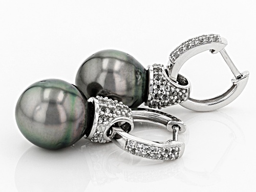 10-11mm Cultured Tahitian Pearl With .80ctw White Topaz Rhodium Over Silver Dangle Huggie Earring