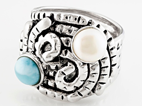 6-6.5mm White Cultured Freshwater Pearl With 0.95ctw Larimar Rhodium Over Sterling Silver Ring - Size 6