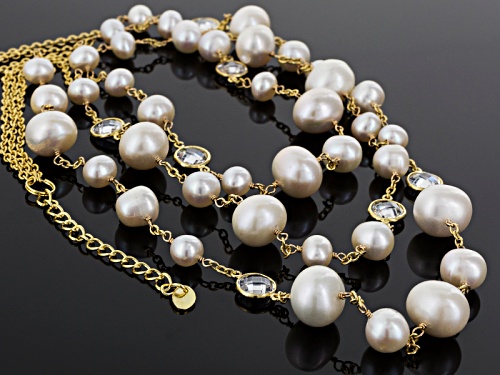7-12mm Cultured Freshwater Pearl & Faceted Crystal 18k Yellow Gold Over Silver Adjustable Necklace - Size 18
