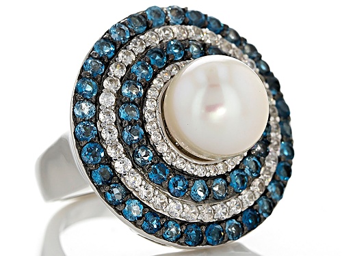 9.5-10mm Cultured Freshwater Pearl & 1.93ctw Blue Topaz & .88ctw Zircon Rhodium Over Silver Ring - Size 11
