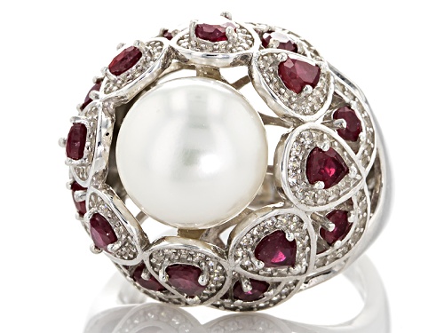 11.5-12mm Cultured Freshwater Pearl/Mahaleo Ruby/Zircon Rhodium Over Silver Ring - Size 8