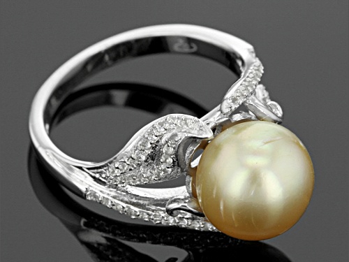 10-11mm Golden Cultured South Sea Pearl With .20ctw White Topaz Rhodium Over Sterling Silver Ring - Size 10
