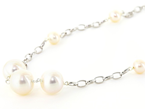 7-13mm White Cultured Freshwater Pearl Rhodium Over Sterling Silver Lariat Wrap Necklace - Size 60