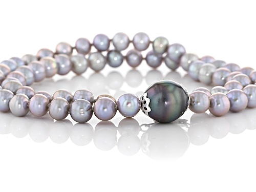 7-8mm Cultured Freshwater Pearl And 13-15mm  Tahitian Pearl Rhodium Over Silver Necklace - Size 20