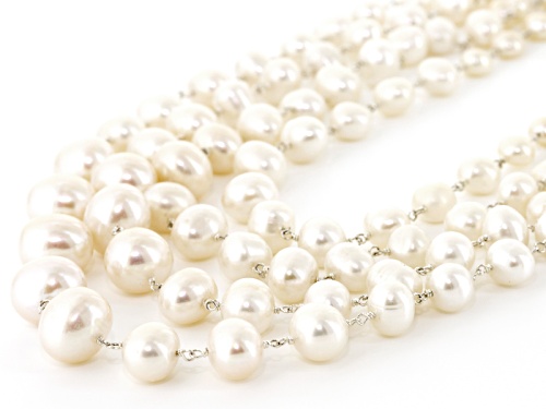 6-11mm White Cultured Freshwater Pearl Rhodium Over Sterling Silver Multi-Strand Necklace - Size 18