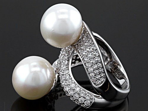11.5-12mm White Cultured Freshwater Pearl With 1.74ctw Zircon Rhodium Over Silver Cocktail Ring - Size 7
