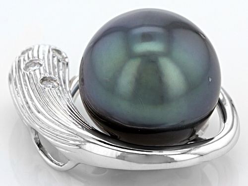 12mm Cultured Tahitian Pearl With .05ctw Round Diamond Accent Rhodium Over Sterling Silver Pendant