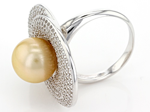 10mm Golden Cultured South Sea Pearl With 2.28ctw White Topaz Rhodium Over Sterling Silver Ring - Size 8