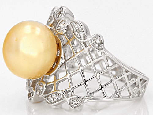 10mm Golden Cultured South Sea Pearl With 0.20ctw White Topaz Rhodium Over Sterling Silver Ring - Size 11