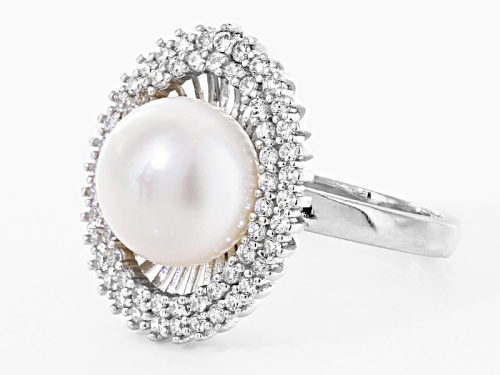 10mm White Cultured Freshwater Pearl With 1.09ctw Bella Luce® Rhodium Over Sterling Silver Ring - Size 11