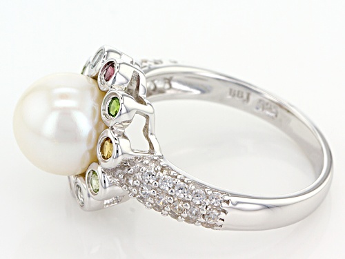 8.5-9mm Cultured Freshwater Pearl With Glacier Topaz™, And Multi-Stone Rhodium Over Silver Ring - Size 10