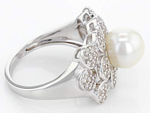 8-8.5mm White Cultured Freshwater Pearl With 0.94ctw White Zircon Rhodium Over Sterling Silver Ring - Size 11