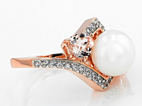 9-9.5mm Cultured Freshwater Pearl W/ .90ctw Morganite & .53ctw Zircon 18k Rose Gold Over Silver Ring - Size 12