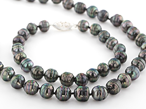 8-11mm Cultured Tahitian Pearl, Rhodium Over Sterling Silver 32 Inch Necklace & 9 Inch Bracelet Set