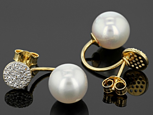9-10mm Cultured South Sea Pearl & .30ctw White Topaz 18k Yellow Gold & Rhodium Over Silver Earrings