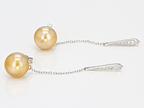 10-11mm Golden Cultured South Sea Pearl With .11ctw White Topaz Rhodium Over Silver Earrings
