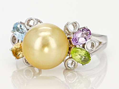 9-10mm Golden Cultured South Sea Pearl & Multigem Rhodium Over Sterling Silver Ring - Size 8