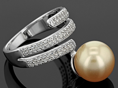 10mm Golden Cultured South Sea Pearl With .63ctw White Topaz Rhodium Over Sterling Silver Ring - Size 10