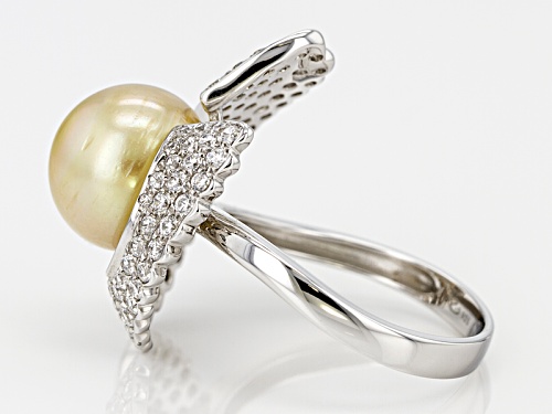 10mm Golden Cultured South Sea Pearl With .70ctw White Zircon Rhodium Over Sterling Silver Ring - Size 11
