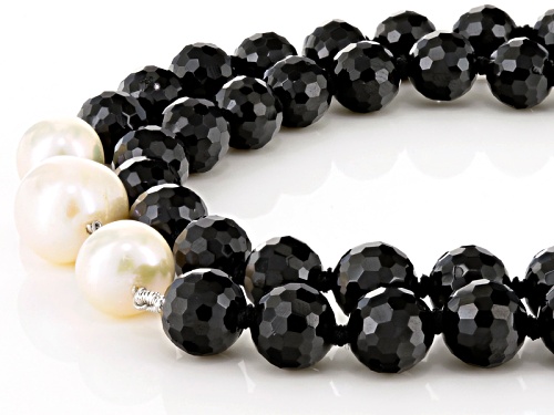 8.5-10.5mm Cultured Freshwater Pearl & Spinel Rhodium Over Silver 20 Inch Double Strand Necklace - Size 20