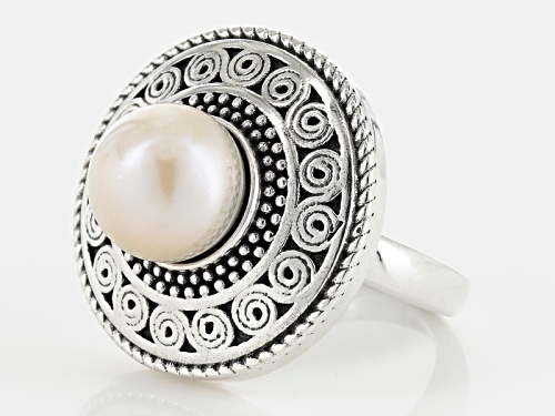 9.5-10mm White Cultured Freshwater Pearl Rhodium Over Sterling Silver Ring - Size 6