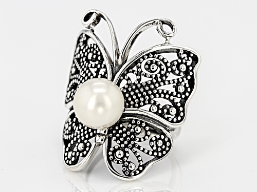 9.5-10mm White Cultured Freshwater Pearl Rhodium Over Sterling Silver Butterfly Ring - Size 5