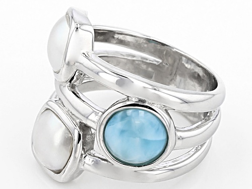 7x7mm White Cultured Freshwater Pearl & Larimar Rhodium Over Sterling Silver Ring - Size 5