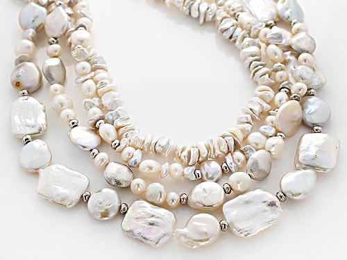Free-Form White Cultured Freshwater Pearl Rhodium Over Sterling Silver 20 Inch Multi Strand Necklace - Size 20