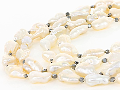 Free-Form Cultured Freshwater Pearl & Hematine Rhodium Over Silver 32 Inch Multi Strand Necklace - Size 32