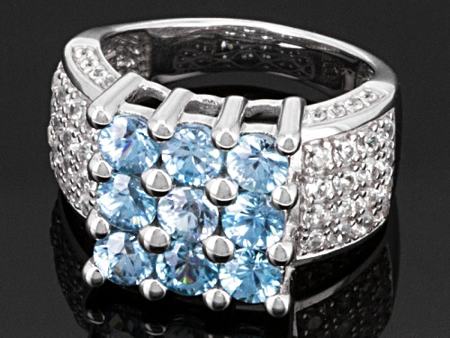 3.09ctw Round Cambodian Blue Zircon With 1.13ctw Round White Zircon Sterling Silver Ring - Size 5