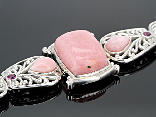 Rectangular Cushion And Pear Shape Peruvian Pink Opal With .51ctw Rhodolite Garnet Silver Bracelet - Size 8