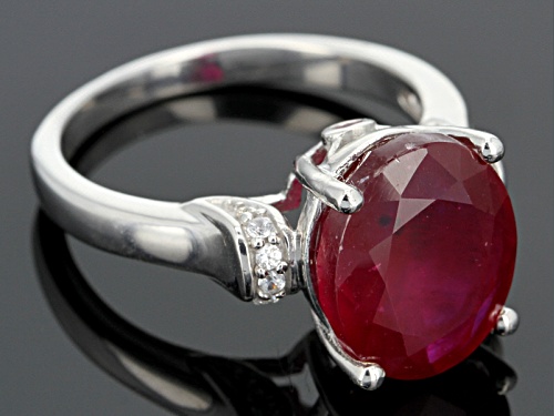 6.40ct Oval Mahaleo® Ruby, .02ctw Round Red Spinel With .08ctw Round White Zircon Silver Ring - Size 12
